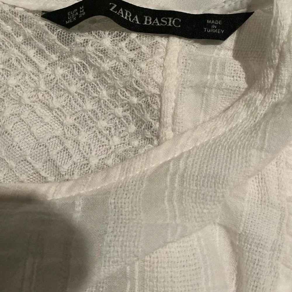 ZARA‎ BASIC White Textured Lace Back Puff Sleeve Boho Blouse Top M